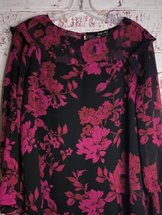 Roz & Ali Tops - Black Fuchsia Floral Roz & Ali Large Round Neck Long Sleeve Light Weight